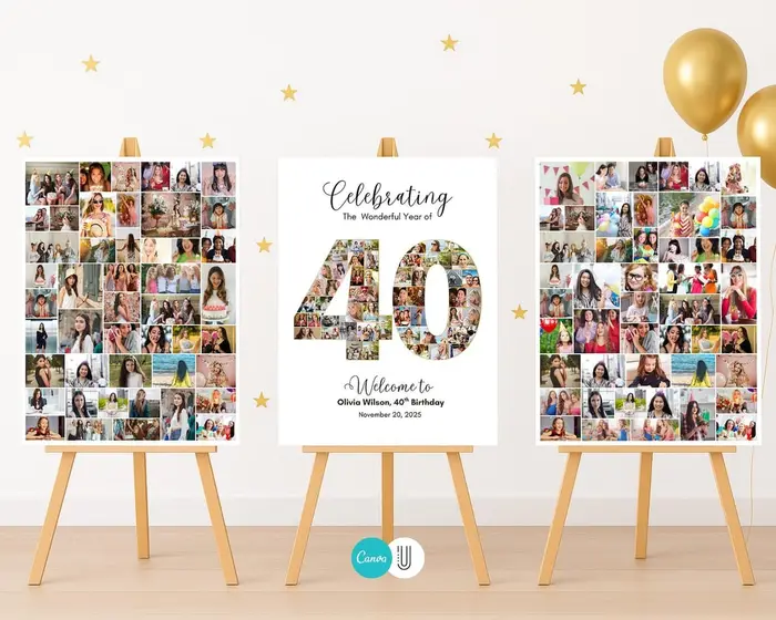 Number 40 photo collage filled with photos for a 40th birthday