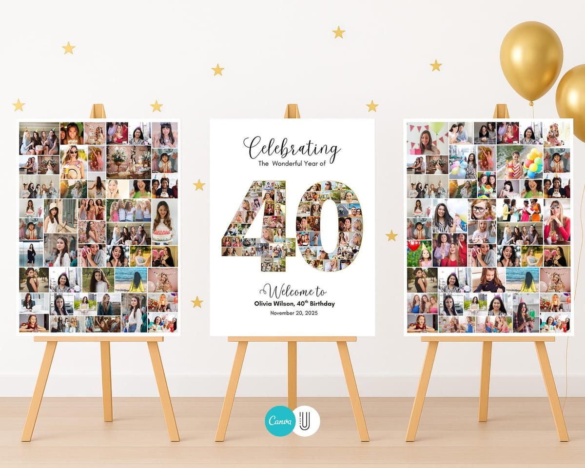 Number 40 photo collage filled with photos for a 40th birthday