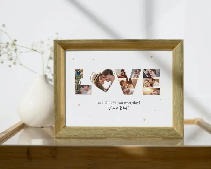 Personalized LOVE heart photo collage framed as an anniversary gift