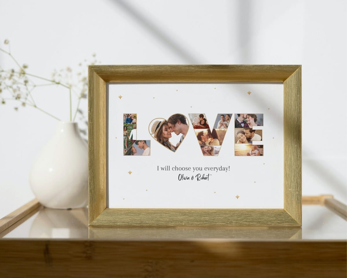 Personalized LOVE heart photo collage framed as an anniversary gift