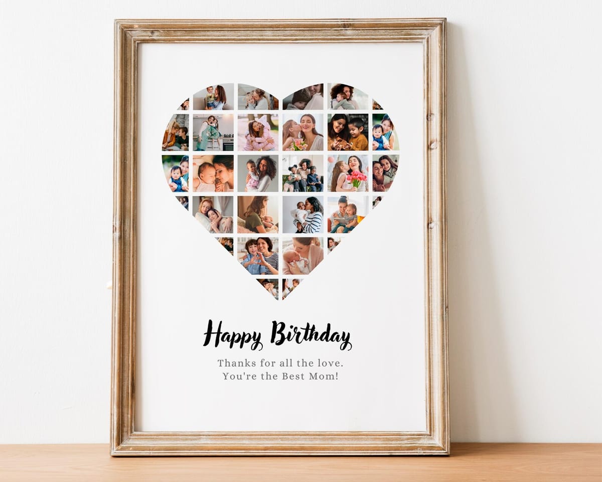Heart-shaped anniversary photo collage framed