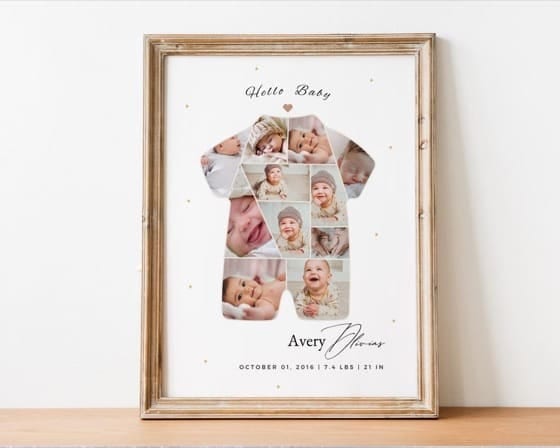 Baby onesie shaped photo collage with birth stats, framed