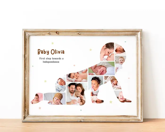 Crawling-baby-shaped photo collage keepsake filled with baby photos