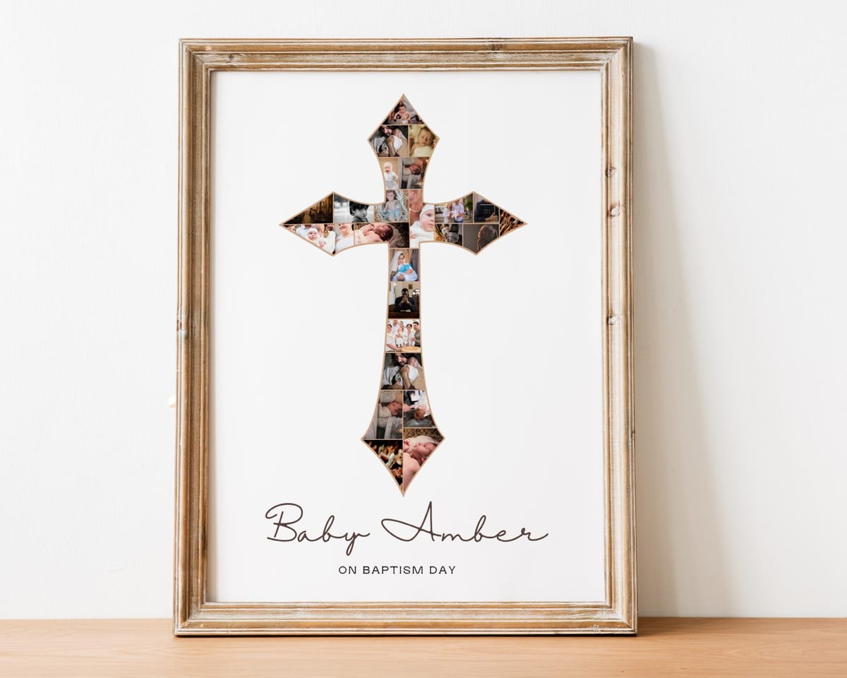 Cross-shaped baby photo collage for a baptism or dedication