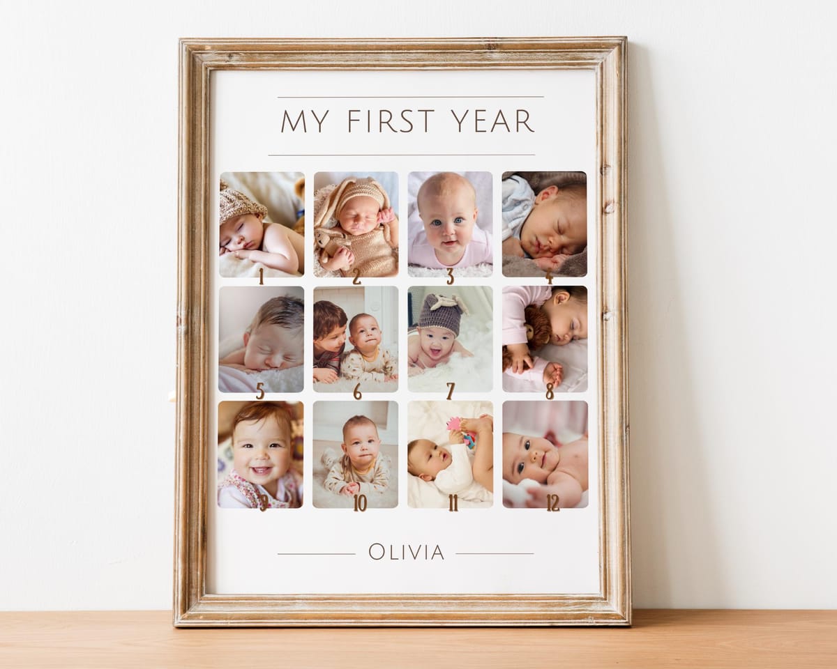 Onesie-shaped MY FIRST YEAR baby photo collage gift