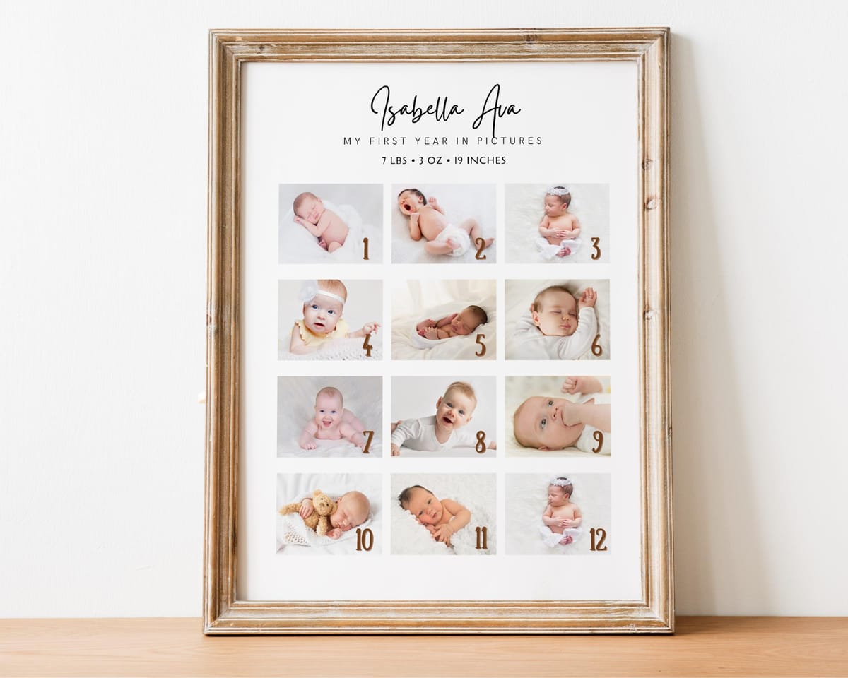 First year baby photo collage with a photo for each month one to twelve