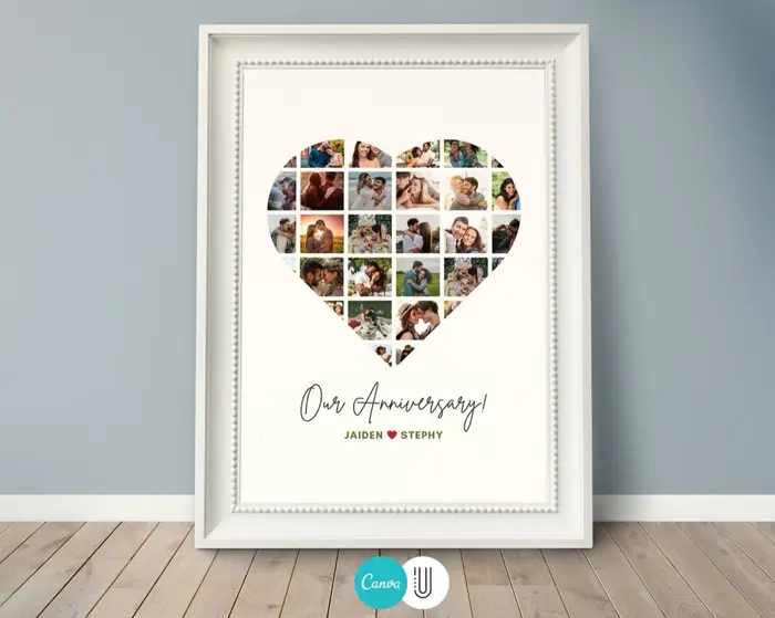 Heart-shaped photo collage made in Canva, framed on a wall