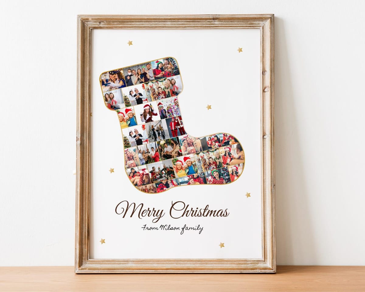 Christmas stocking photo collage filled with photos