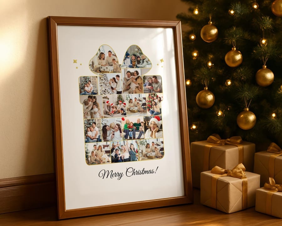 Christmas gift box photo collage filled with family photos