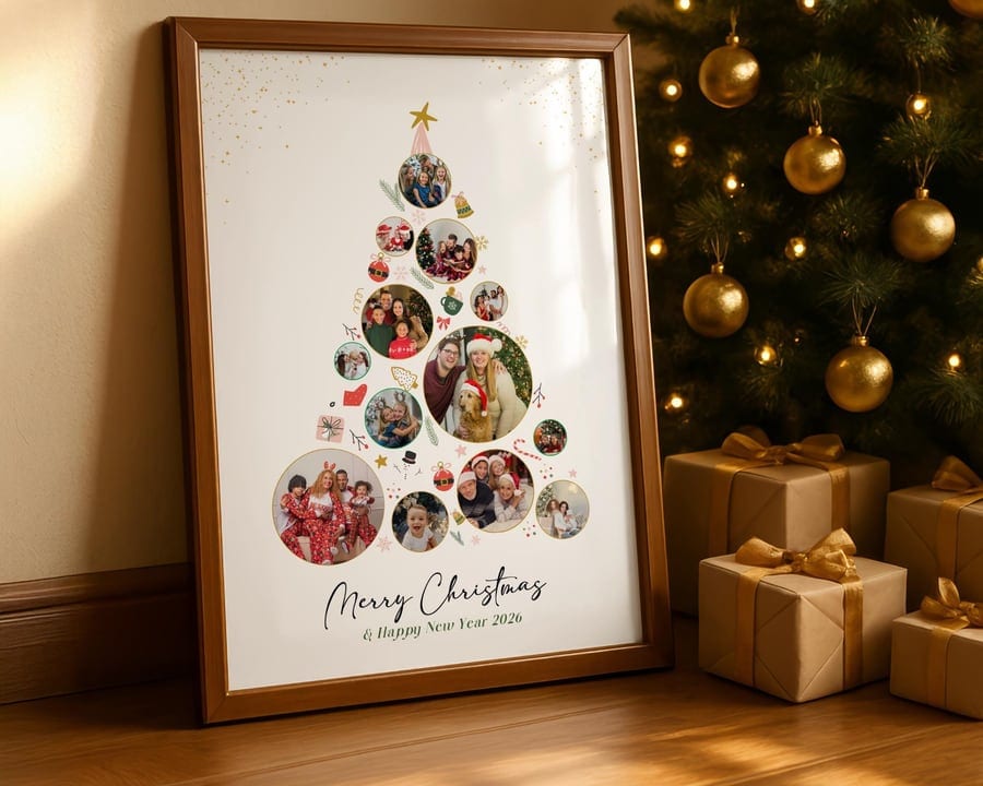 Christmas family photo poster grid collage, framed