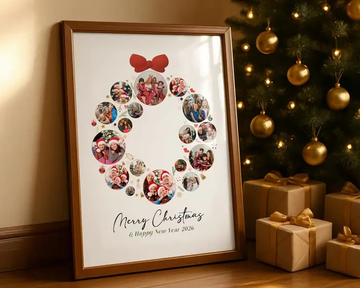 Christmas wreath photo collage filled with family photos, framed