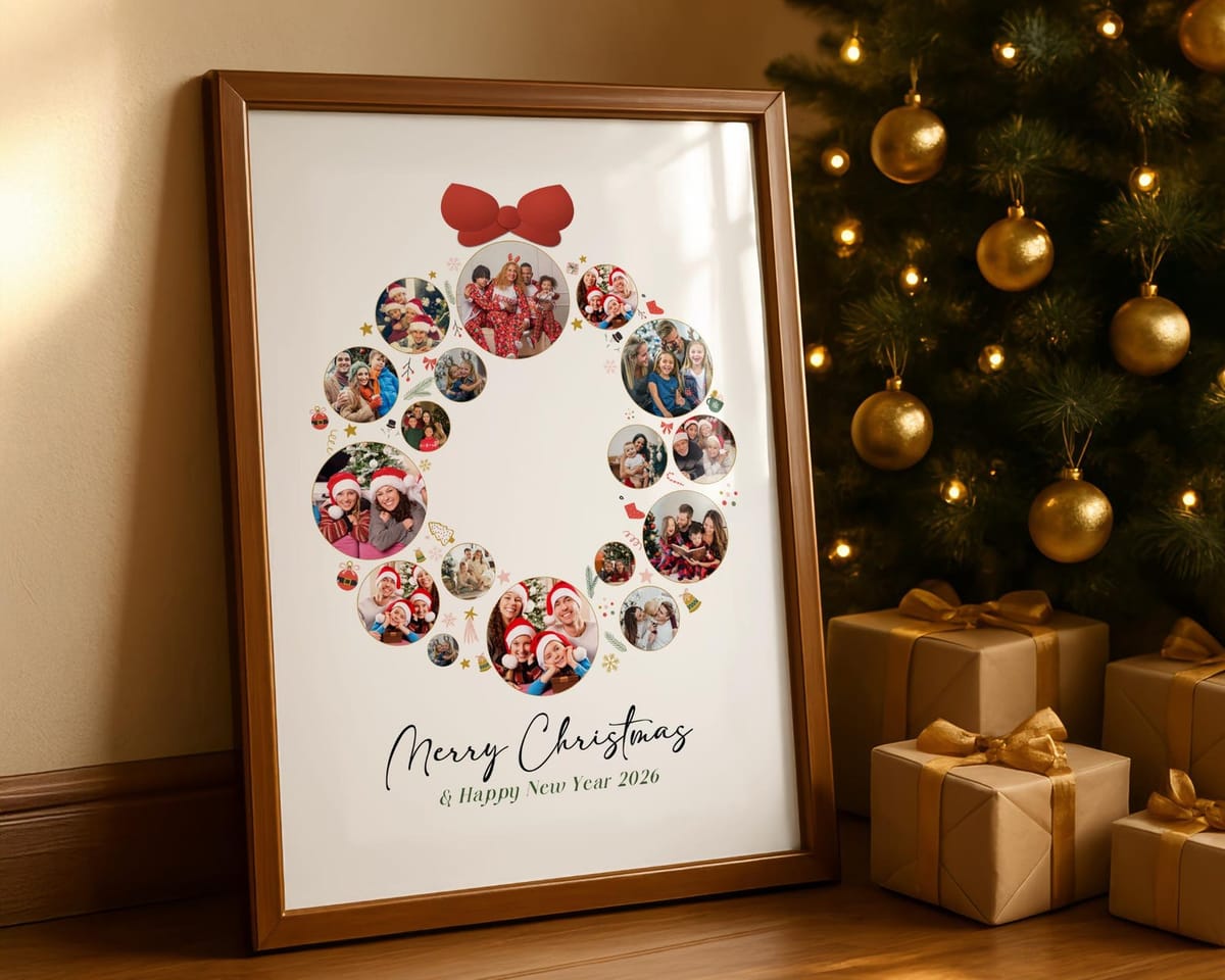 Christmas wreath photo collage filled with family photos, framed