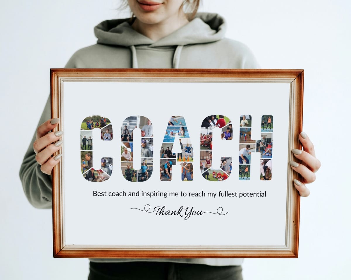 Personalized COACH photo collage framed as an end-of-season gift