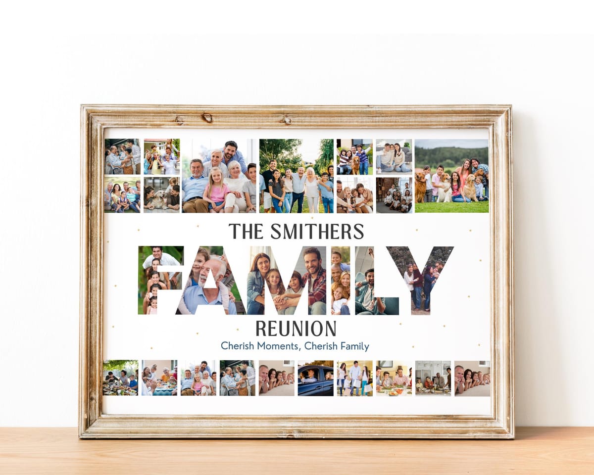 Family reunion photo collage keepsake with the family name
