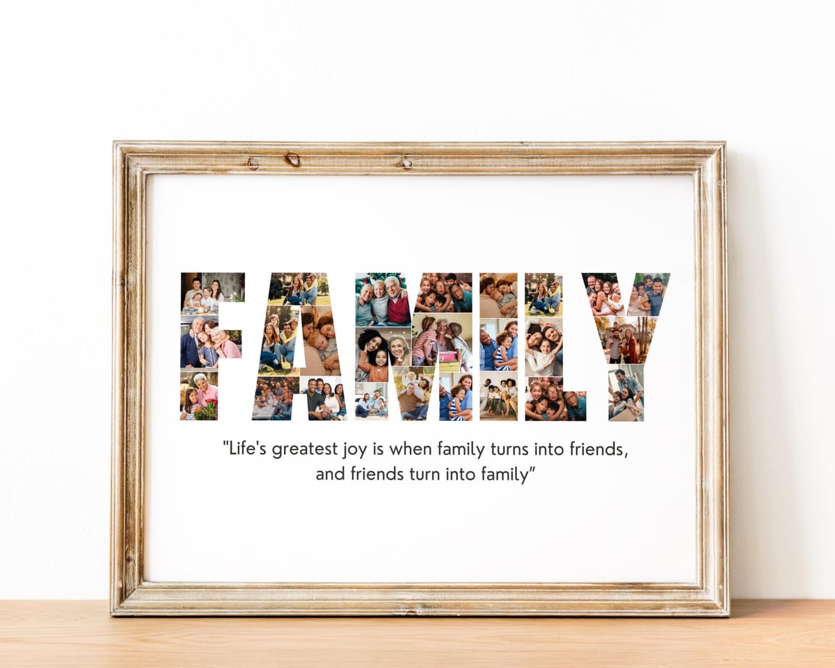 FAMILY word photo collage filled with family photos, framed