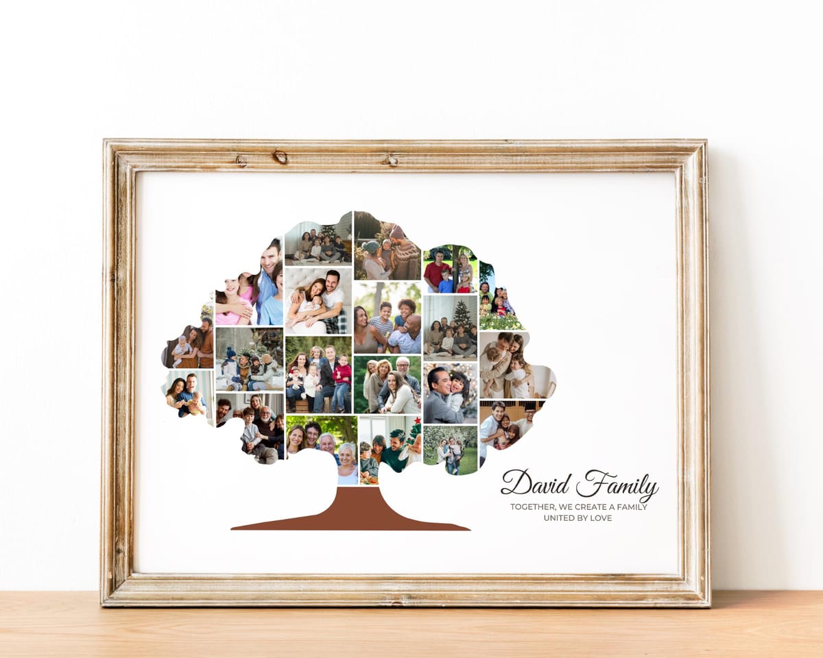 Family tree photo collage spanning generations