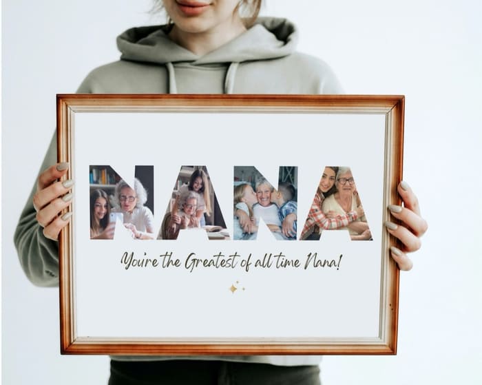 Personalized NANA photo collage framed on a shelf, a Grandparents Day gift