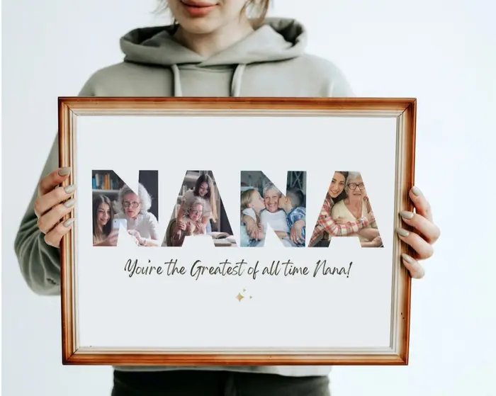 Personalized NANA photo collage framed on a shelf, a Grandparents Day gift