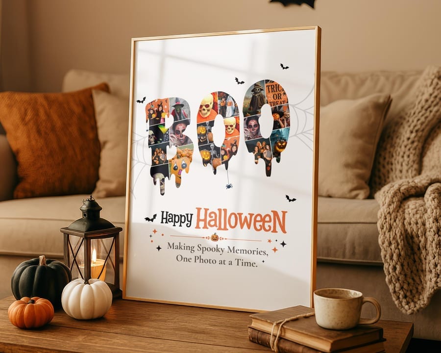 BOO word photo collage with spooky lettering, framed