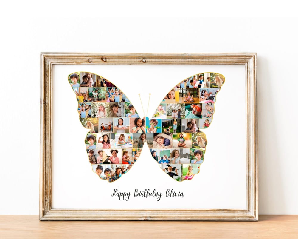 Butterfly photo collage packed with many small photos, framed