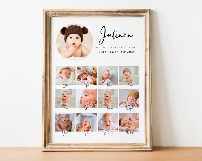 Baby first-year photo collage with a month-by-month grid, framed
