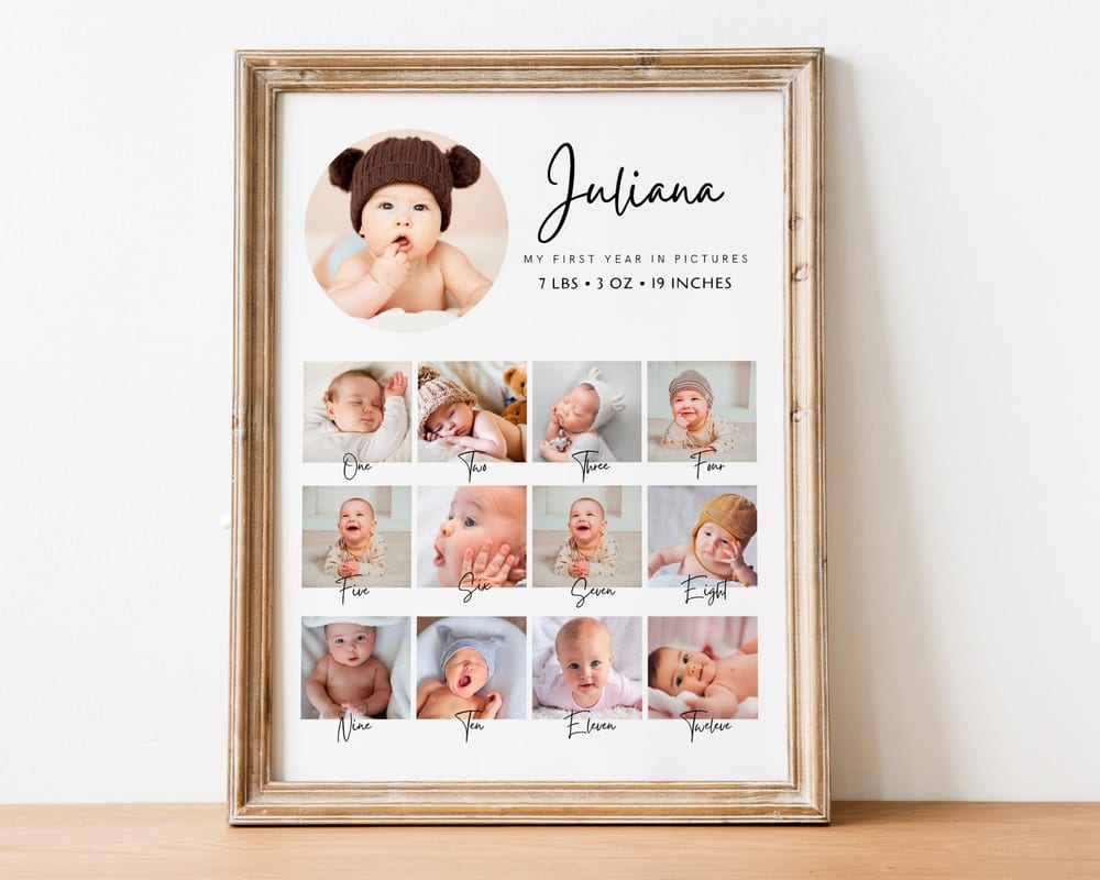 Baby first-year photo collage with a month-by-month grid, framed