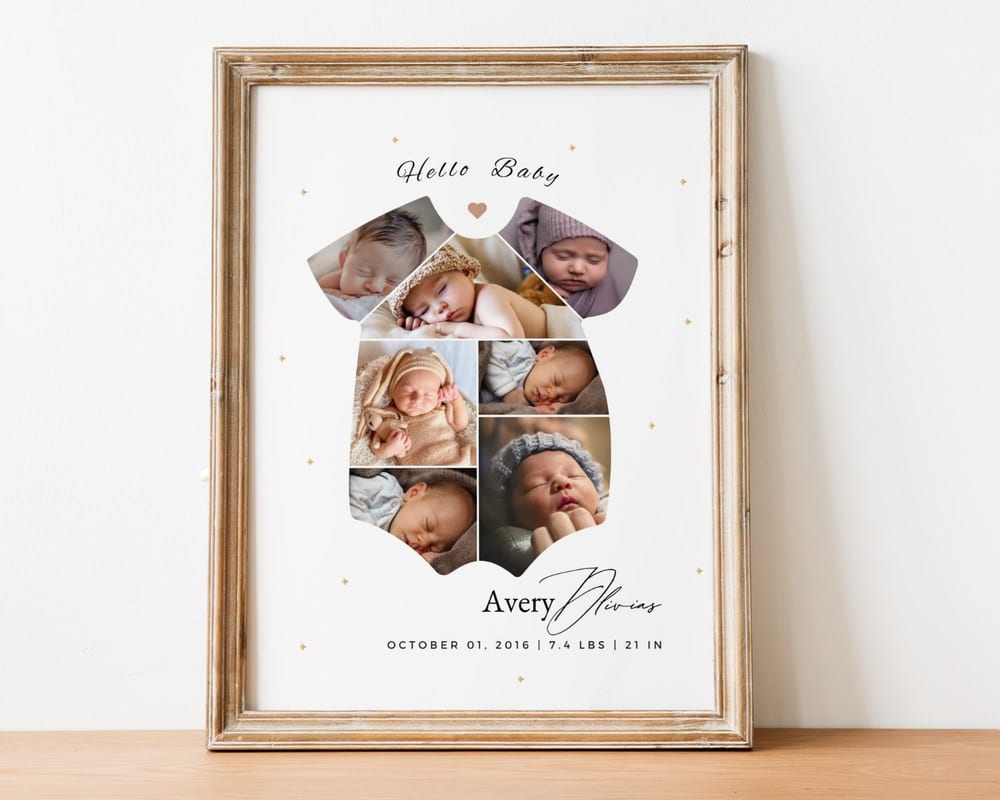 Newborn photo collage keepsake with baby name and birth details