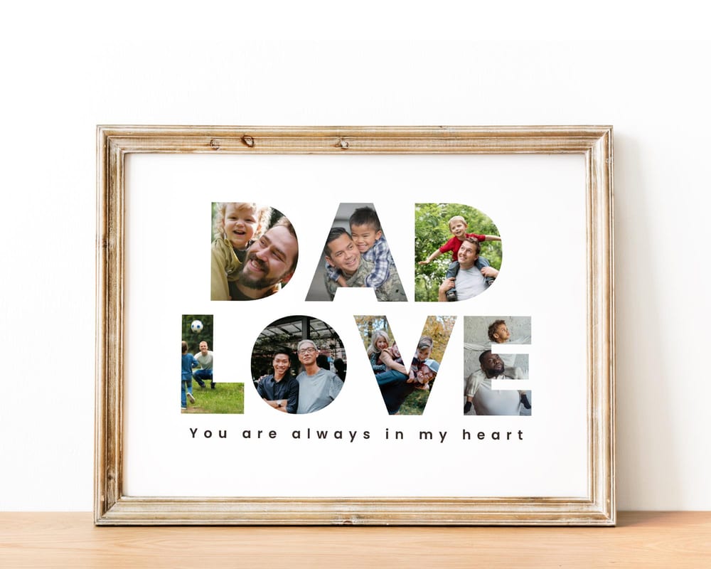 DAD LOVE word photo collage filled with family photos
