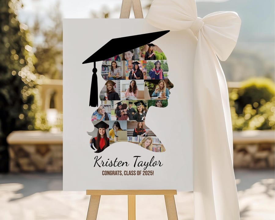 Graduation cap silhouette photo collage for a senior, framed