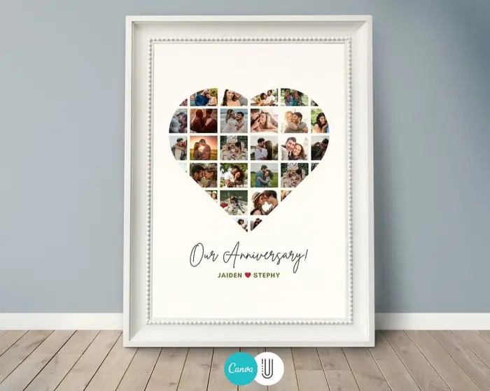 Heart-shaped photo collage made in Canva, framed on a wall