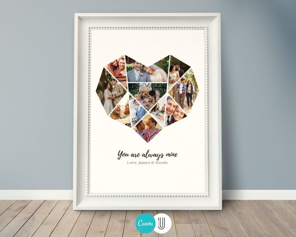 Finished heart photo collage printed and framed