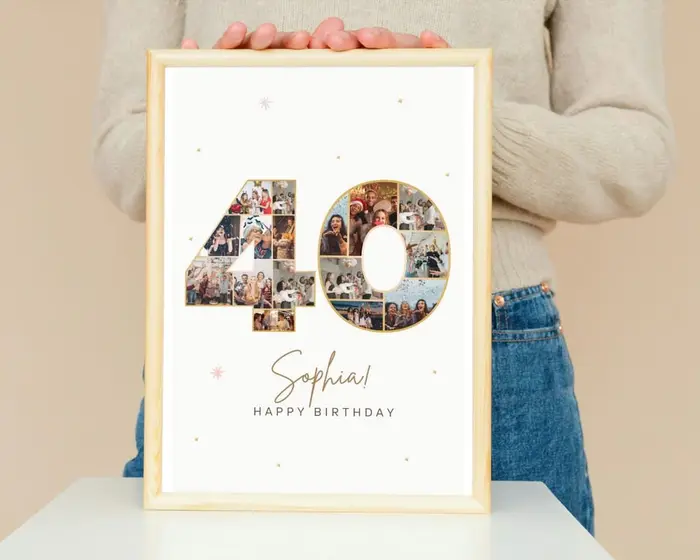 Number 40 photo collage filled with photos, held in a frame