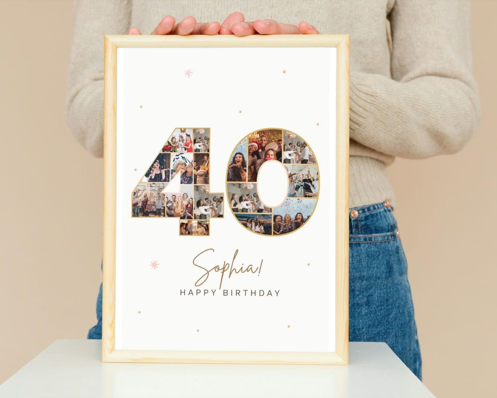 Number 40 photo collage filled with photos, held in a frame