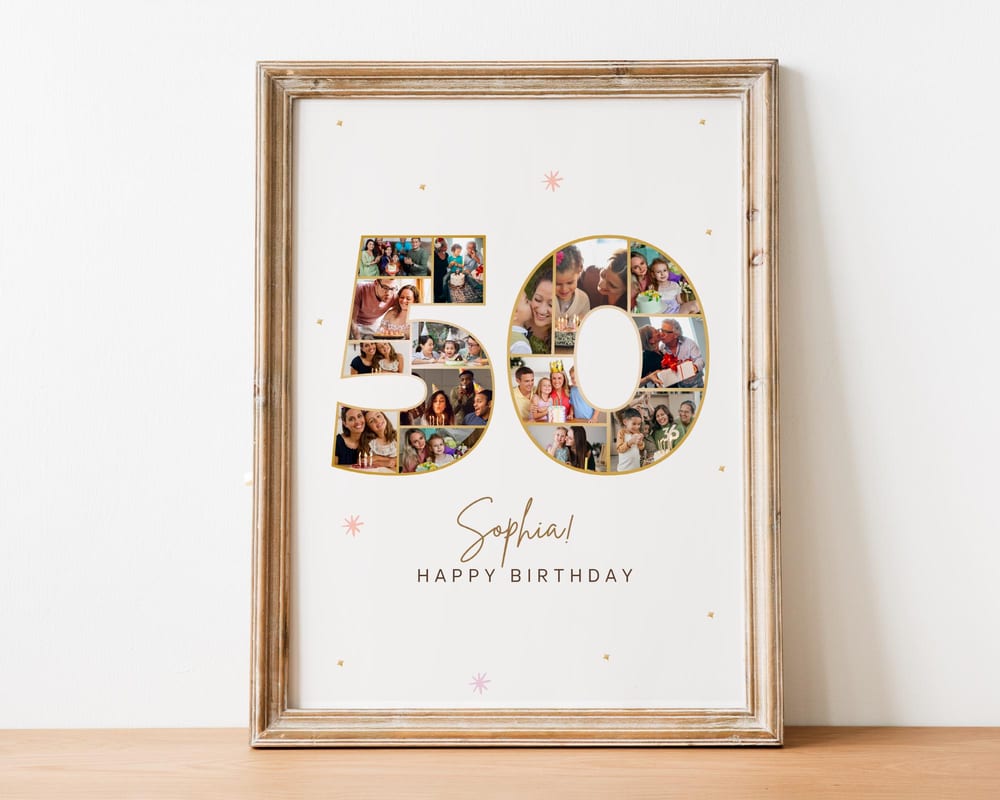 Number 50 photo collage displayed in a frame on a shelf