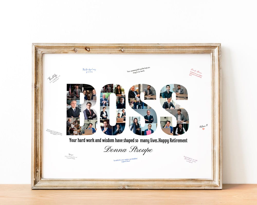 BOSS word photo collage for a retiring manager, framed