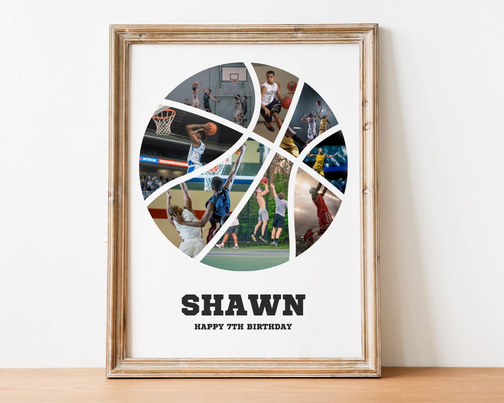 Basketball-shaped photo collage filled with a player’s photos