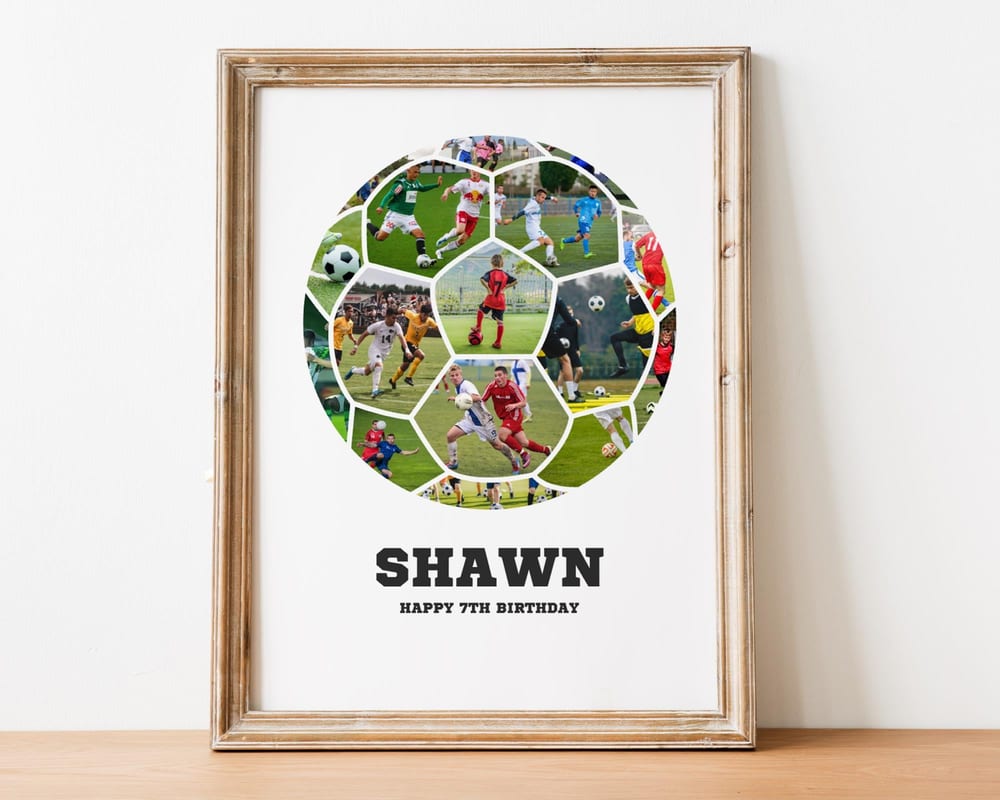Soccer ball photo collage filled with a player’s photos, framed