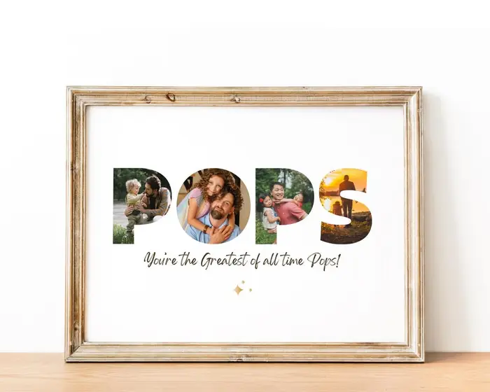 Personalized name photo collage printed and framed on a desk