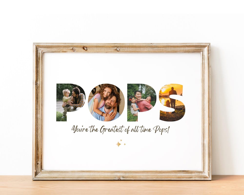 Personalized name photo collage printed and framed on a desk