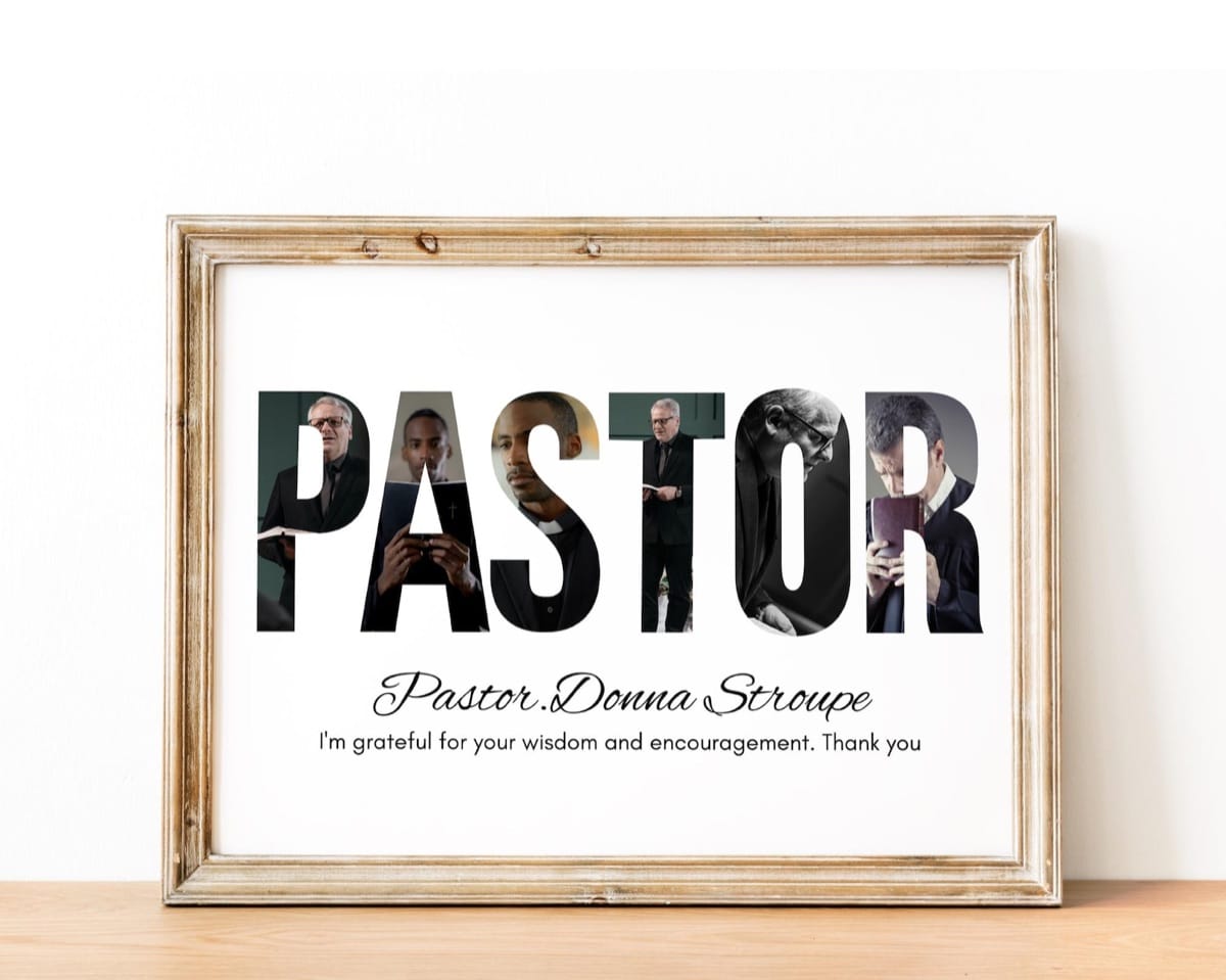 Bold PASTOR word photo collage in a wooden frame