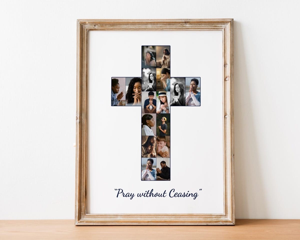 Cross-shaped photo collage with a Scripture verse