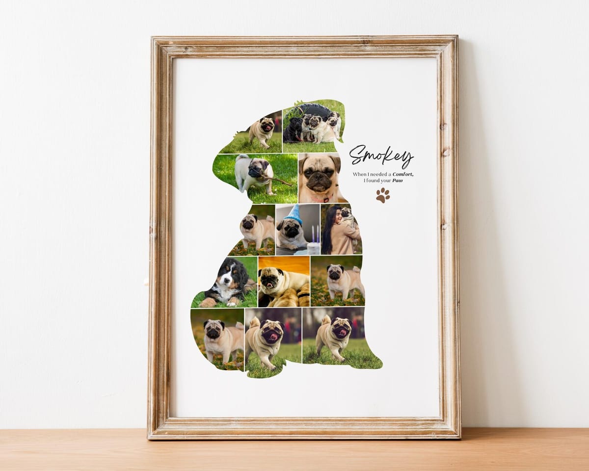 Dog-shaped photo collage filled with photos, a personalized dog mom gift
