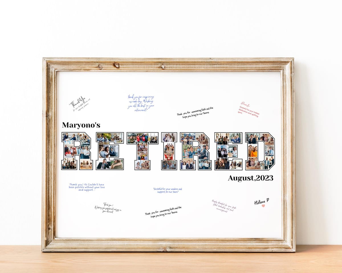 RETIRED word photo collage with career photos, name, and date