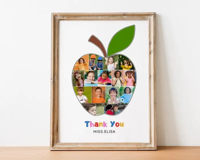 Apple-shaped teacher appreciation photo collage, framed