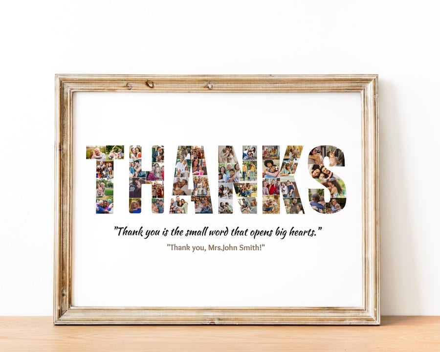 THANKS word photo collage filled with family photos, framed