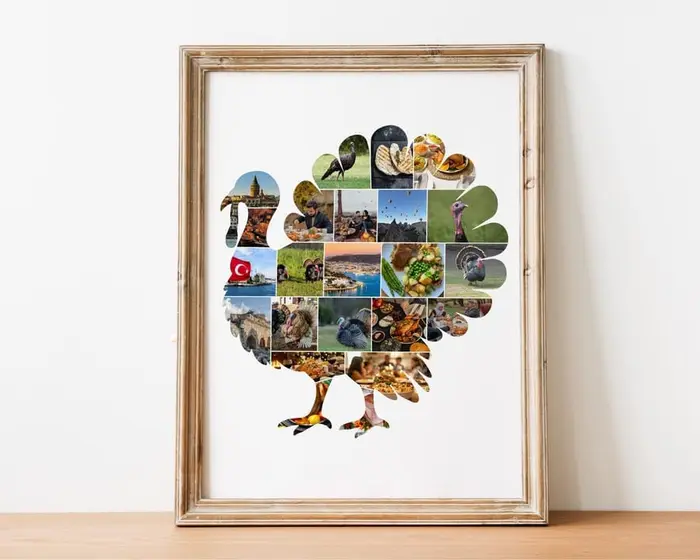 Turkey-shaped Thanksgiving photo collage filled with family photos, framed