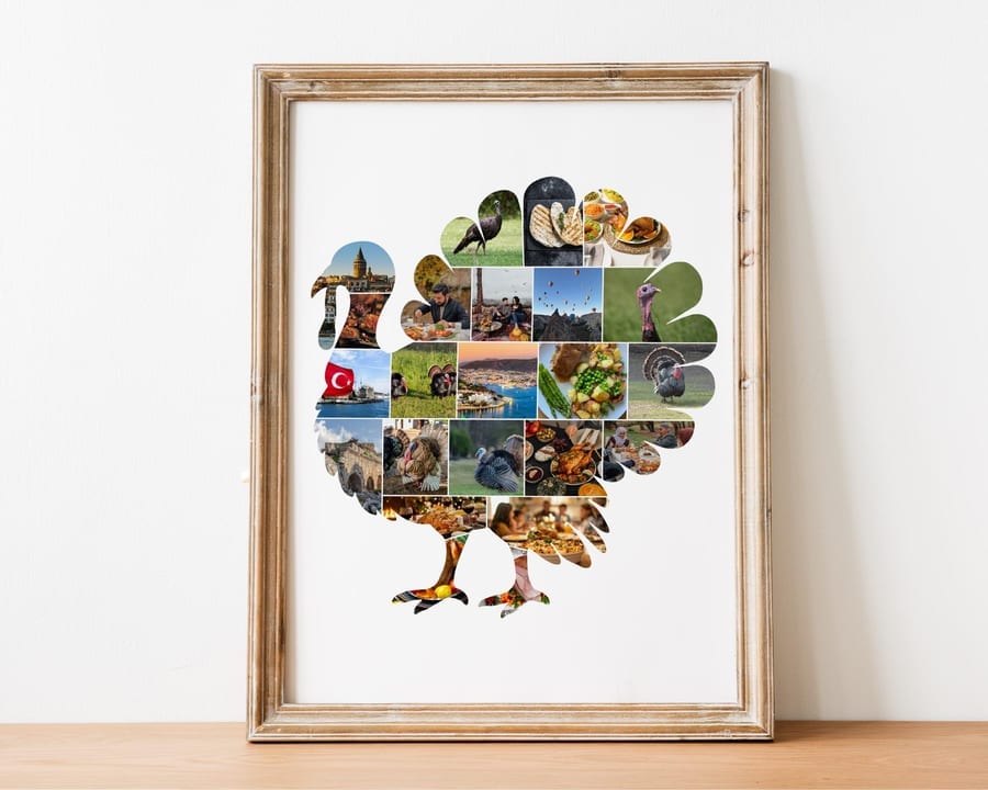 Turkey-shaped Thanksgiving photo collage filled with family photos, framed