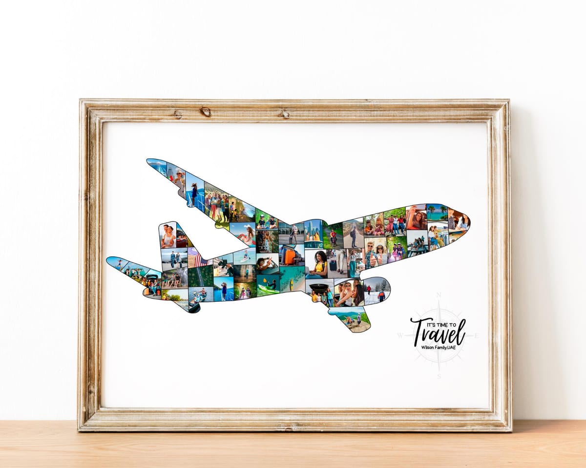 Airplane-shaped photo collage travel keepsake