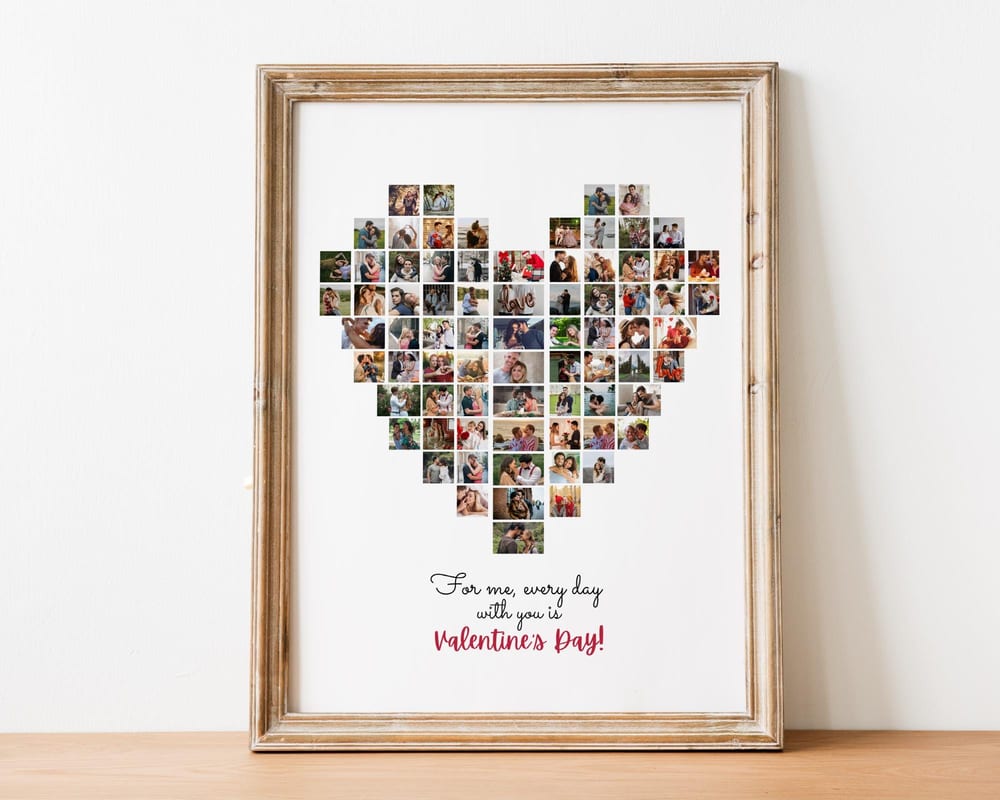 Heart-shaped photo mosaic collage made from couple photos, framed