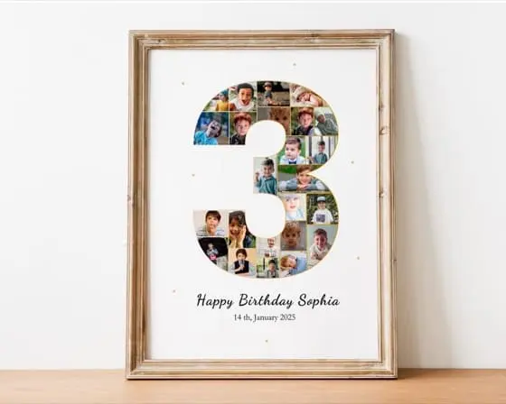 3rd Birthday Photo Collage Template: Number Three, Canva Frames (Digital Download)